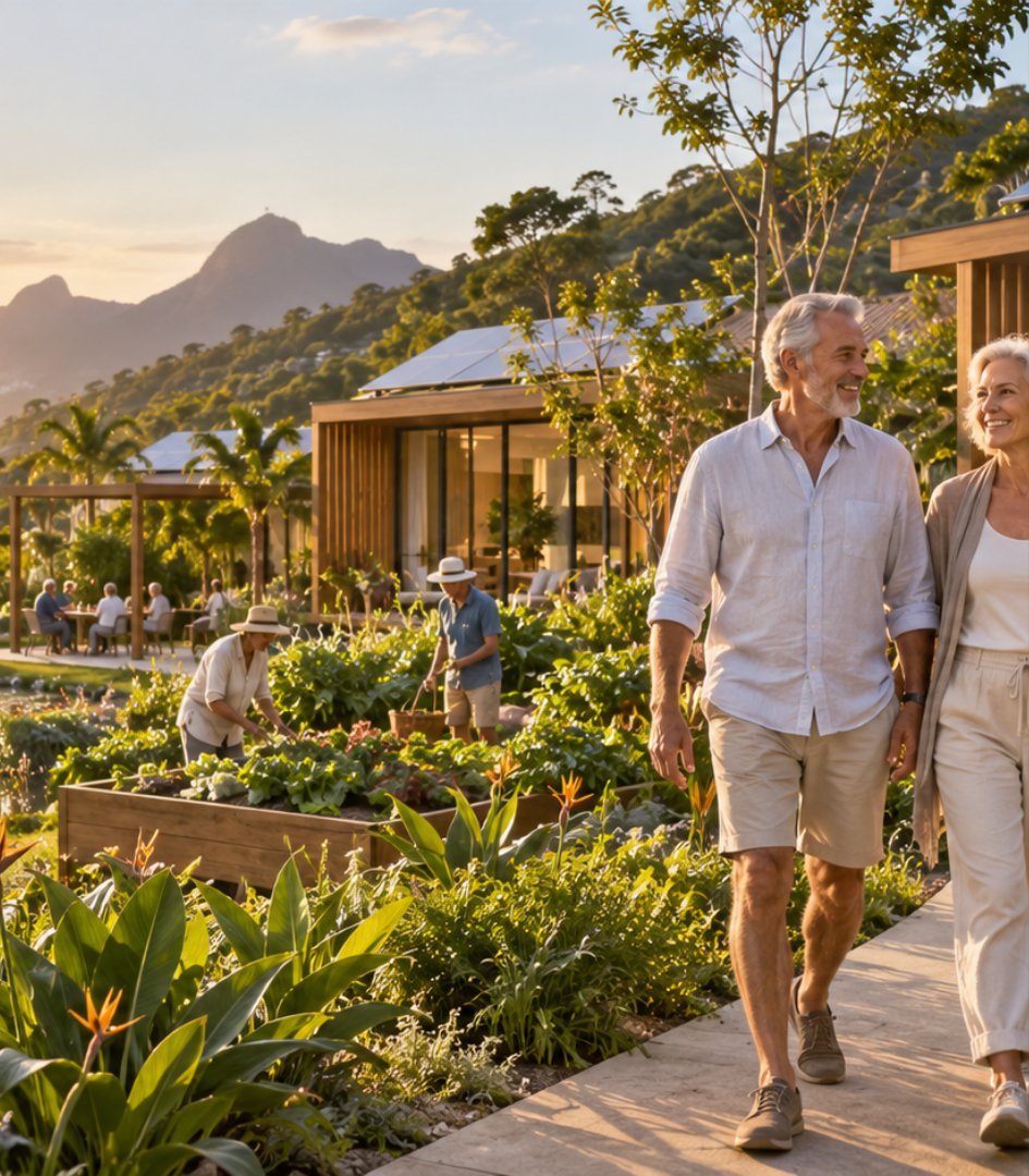 Casal maduro caminhando entre jardins e casas integradas à natureza